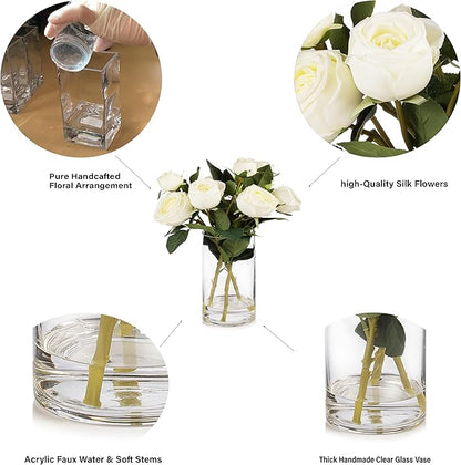 ENOVA FLORAL 9 Heads Silk Rose Artificial Flowers in Vase,Faux Rose Flowers Arrangement in Vase with Faux Water for Table Decor Centerpieces (Cream)