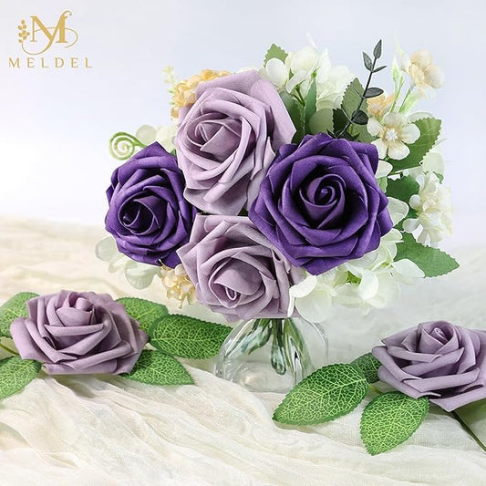Meldel Artificial Flowers 50pcs Real Looking Purple Lilac Foam Fake Roses with Stems for DIY Wedding Bouquets Bridal Shower Centerpieces Floral Arrangements Home Decorations