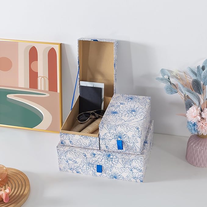 Soul & Lane Blue Floral Decorative Boxes with Hinged Lids and Blue Ribbon Pull - Sapphire Bloom, Set of 3 (One Large and Two Medium Boxes), Cardboard Storage for Photos, Documents, Keepsakes