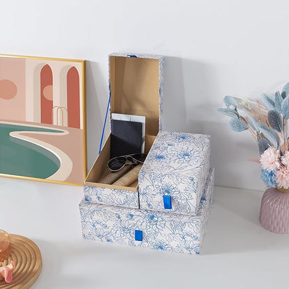 Soul & Lane Blue Floral Decorative Boxes with Hinged Lids and Blue Ribbon Pull - Sapphire Bloom, Set of 3 (One Large and Two Medium Boxes), Cardboard Storage for Photos, Documents, Keepsakes