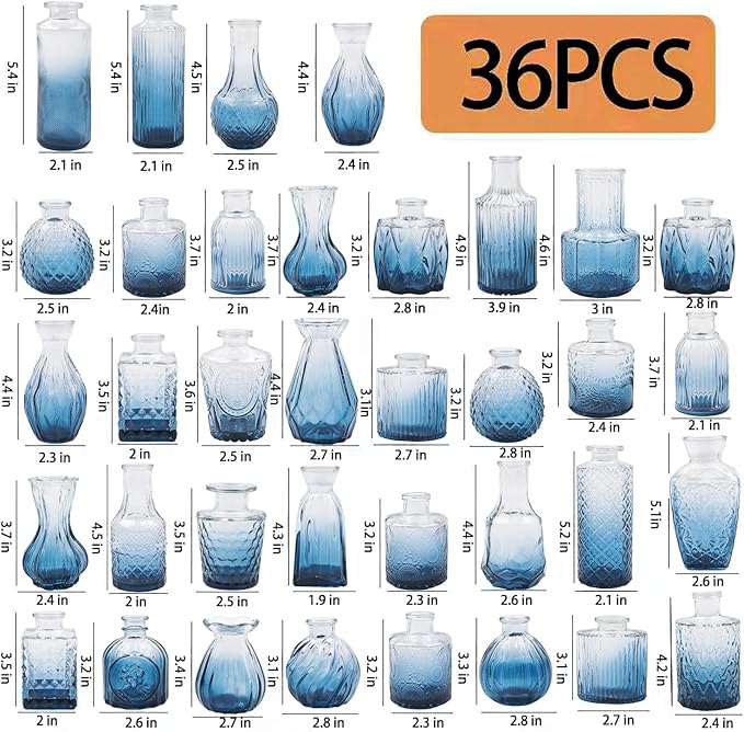 Glass Bud Vases Set of 36PCS, Small Flower Vases for Wedding Centerpiece Table Decoration, Vintage Vase in Bulk for Flower Arrangements, Mini Vase for Birthday Party, Festival Home Decor, Blue