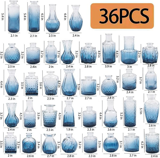 Glass Bud Vases Set of 36PCS, Small Flower Vases for Wedding Centerpiece Table Decoration, Vintage Vase in Bulk for Flower Arrangements, Mini Vase for Birthday Party, Festival Home Decor, Blue