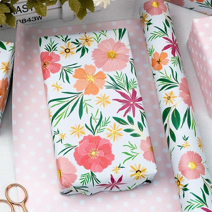 MAYPLUSS Flower Wrapping Paper Roll, Gold Design Floral Gift Wrap For Mothers Day, Wedding, Bridal Shower, Birthday, 17 Inch x 33 Feet