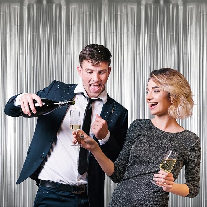 GOER 3.2 ft x 8.2 ft Metallic Tinsel Foil Fringe Curtains Party Photo Backdrop Party Streamers for Birthday,Graduation,New Year Eve Decorations Wedding Decor (5 Pcs,Matte Silver,Thick Material)