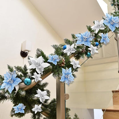 Boao 24 Pieces Christmas Artificial Glitter Poinsettia Flowers Xmas Flowers Wedding Christmas Tree New Year Ornaments (Sky Blue and Silver)