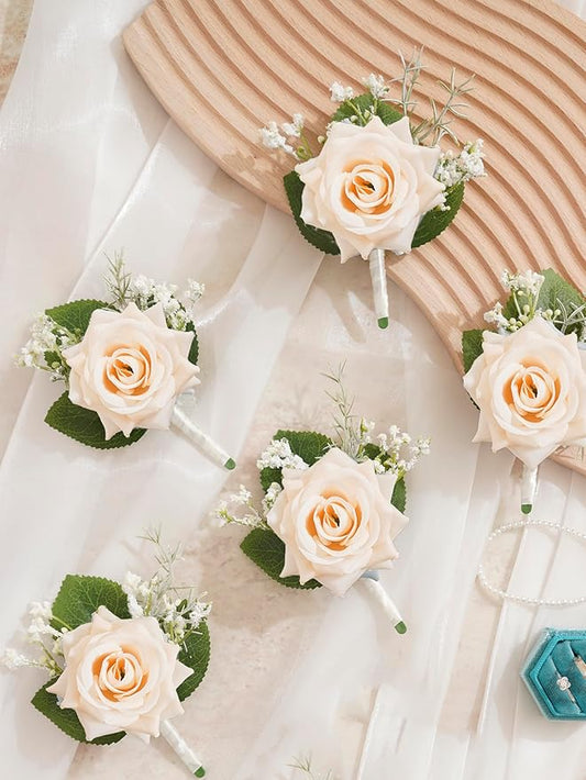 Champagne Rose Boutonnieres for Men Wedding with Pins, Set of 6, Baby's Breath Boutonniere for Best Men Groom Groomsmen Wedding Prom Homecoming