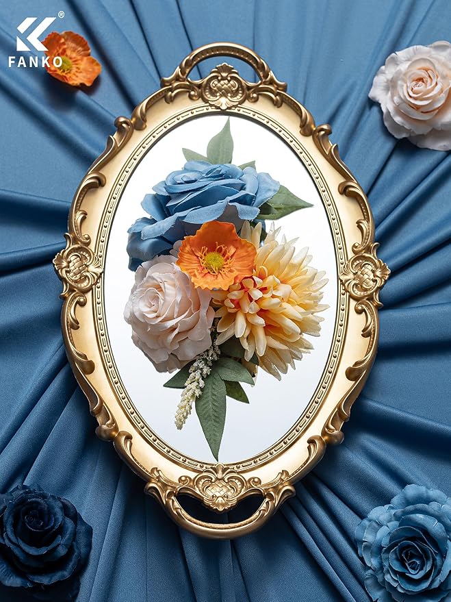 FANKO Artificial Flowers Navy Blue Rose, Mixed Fake Silk Flowers Combo Cream Rose Yellow Chrysanthemum Vintage Assorted Blooms for DIY Wedding Bridal Bouquets/Centerpieces/Home Decor