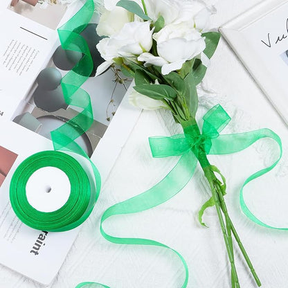 Green Ribbon for Gift Wrapping 1 inch Sheer Organza Ribbon for Flower Bouquet Tulle Thin Chiffon Ribbons for Wedding Invitations Presents Decorations Crafts 50 Yards