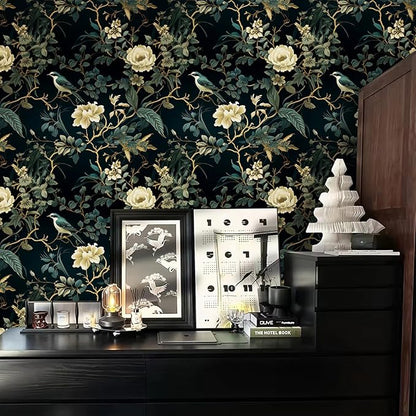 Dark Floral Peel and Stick Wallpaper Vintage Floral Contact Paper 16.9inchx118.1inch Flowers Bird Wallpaper Peel and Stick Boho Leaf Self Adhesive Removable for Bathroom Wall Paper Decor