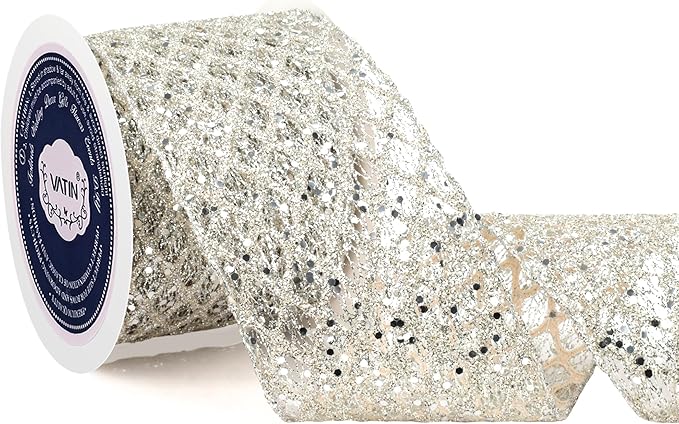 VATIN 4" Champagne Christmas Ribbon, Silver Glitter Mesh Diamond Web Sequin Dots Wired Christmas Ribbon for Gift Wrapping Bow Making Wreath Supply-10 Yards