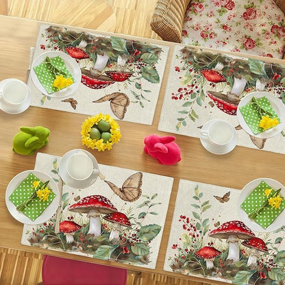 Mushroom Botanical Placemats Set of 4 Mushroom Plants Leaves Butterfly Place Mats Botanic Waterproof Washable Table Mats Kitchen Dining Decoration 4 PCS