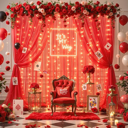 10ft x 10ft Red Tulle Photo Backdrop Curtain with Lights String for Christmas Party Red Sheer Curtain Backdrop Drapes for Birthday Party Wedding Holiday Photo Booth Background Home Room Decorations