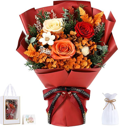 Lewondr Flower for Delivery, Preserved Flowers Bouquet, Orange Roses Bouquet, Real Long-Lasting Forever Birthday Flowers Gifts for Mom Best Friend Mothers Day Christmas Graduation, Dark-Orange
