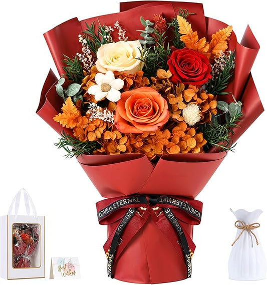 Lewondr Flower for Delivery, Preserved Flowers Bouquet, Orange Roses Bouquet, Real Long-Lasting Forever Birthday Flowers Gifts for Mom Best Friend Mothers Day Christmas Graduation, Dark-Orange