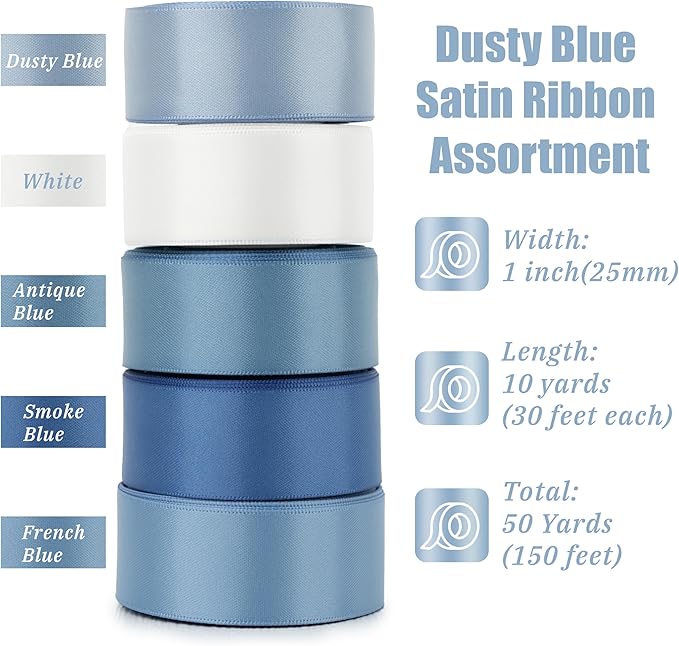 Dusty Blue Ribbon 1 Inch Satin Ribbon 5 Rolls Assortment French Blue Ribbon for Wedding Silk Antique Blue Ribbon for Baby Shower Ribbon for Gift Wrapping Hair Bows Crafts Bouquet - 50Yards