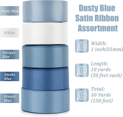 Dusty Blue Ribbon 1 Inch Satin Ribbon 5 Rolls Assortment French Blue Ribbon for Wedding Silk Antique Blue Ribbon for Baby Shower Ribbon for Gift Wrapping Hair Bows Crafts Bouquet - 50Yards