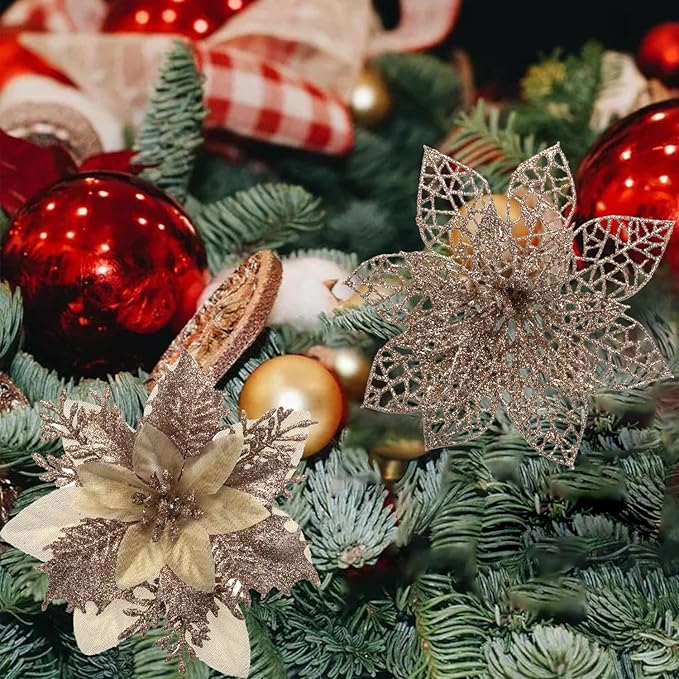 24Pcs Christmas Poinsettia Artificial Flowers and Glitter Berries Kit, 2 Styles Total 16Pcs Christmas Tree Flowers Ornaments, 8Pcs Christmas Tree Picks for Wedding Holiday Decorations, Champagne