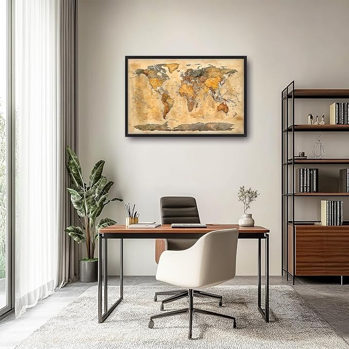 Extra Large World Map Framed Wall Art for Living Room,Oversized Vintage Map of The World Pictures Wall Decor,Canvas Print Painting Modern Artwork Bedroom Office Bathroom 36L x 24W