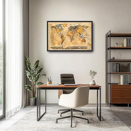 Extra Large World Map Framed Wall Art for Living Room,Oversized Vintage Map of The World Pictures Wall Decor,Canvas Print Painting Modern Artwork Bedroom Office Bathroom 36L x 24W