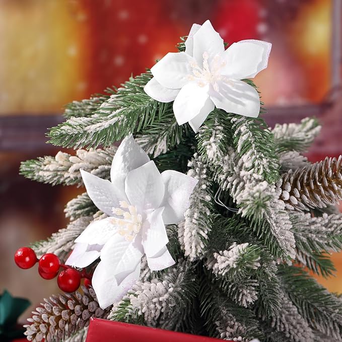 WILLBOND 24 Pcs 3 Size Poinsettia Flower Artificial Christmas Decor Glitter Poinsettia Christmas Ornaments Faux Flowers for Xmas Tree Outdoor(4/6/7.9 Inches,White)