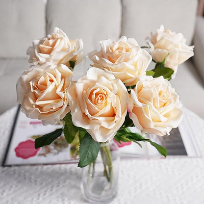 6 Pcs Silk Real Touch Latex Roses, Artificial Single Stem Big Bloom Faux Roses for Home Party Office Wedding Indoor Decor, Floral Arrangements, Table Centerpieces