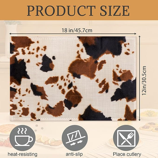Cow Print Placemats Set of 6,Washable Heat Resistant 12×18 Inch Linen Table Mats Farmhouse Place Mats for Party Outdoor Dining Décor