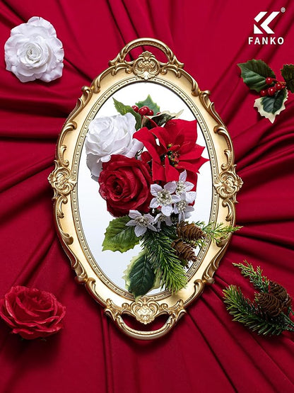 FANKO Christmas Artificial Flowers Rose: Red Poinsettias Artificial Fake Silk Red & White Rose Combo Set for DIY Tree Decor Xmas Wreath Floral Arrangements Centerpieces