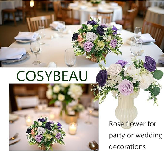 Artificial Fake Flowers 25pcs Roses, Shade of Purple Foam Rose Faux Flower for DIY Wedding Bouquets Bridal Shower Centerpieces Floral Arrangements Party Tables Home Decorations