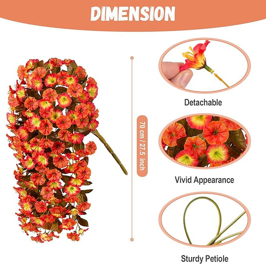 Artificial Fall Hanging Flowers for Outdoors Decoration, 2PCS Fake Plants Faux Realistic Silk Morning Glory Long Vines UV Resistant for Autumn Outside Porch Patio Balcony Yard Planter, OrangeYellow