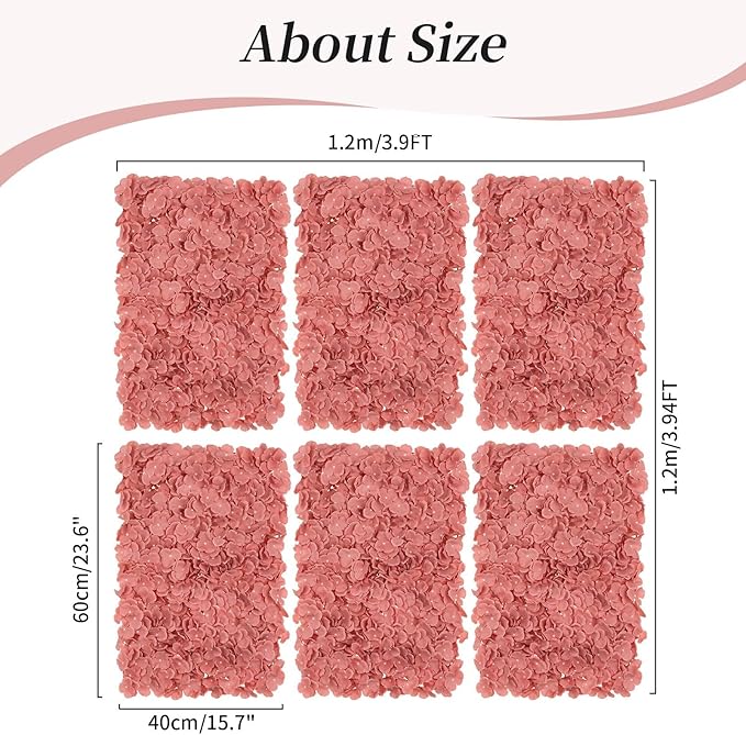BLOSMON Artificial Flower Wall Panel - Set of 6 Dusty Pink Fake Silk Hydrangea Floral Backdrops (24 x 16 Inch) - Perfect for Wedding Party Baby Shower Decoration