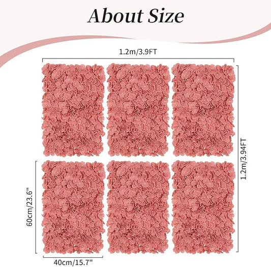 BLOSMON Artificial Flower Wall Panel - Set of 6 Dusty Pink Fake Silk Hydrangea Floral Backdrops (24 x 16 Inch) - Perfect for Wedding Party Baby Shower Decoration