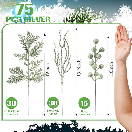 75 Pcs Christmas Glitter Branches 3 Styles Artificial Christmas Picks Berries Stems Pine Needles Floral Twig Spray for Xmas Tree Ornaments DIY Wreath Garland(Light Green)