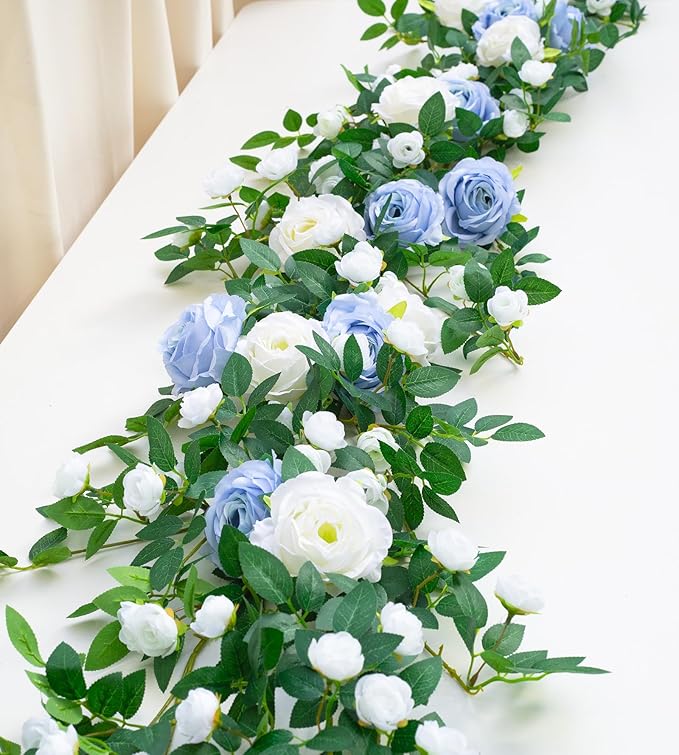 6FT Bendable Flower Garland, Artificial Rose Vine Hanging Floral Garland Decoration for Weding Home Room Wall Decor (Blue, 2pcs)
