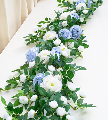 6FT Bendable Flower Garland, Artificial Rose Vine Hanging Floral Garland Decoration for Weding Home Room Wall Decor (Blue, 2pcs)