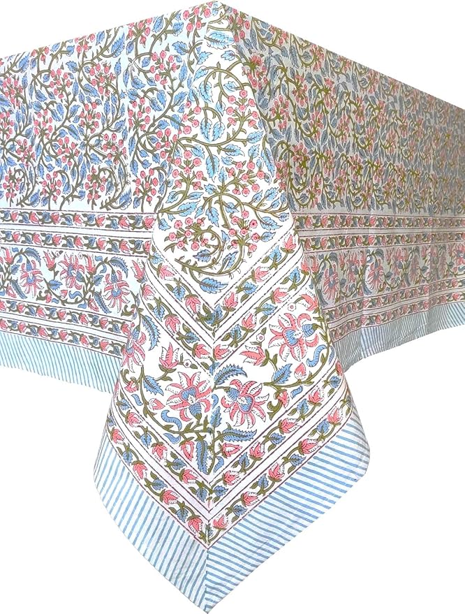 ATOSII Kalina 100% Cotton Rectangle Tablecloth, Handblock Floral Linen Table Cloth for Kitchen Dining Table I Parties Wedding Outdoors I Home Decor 60 X 90 Inches