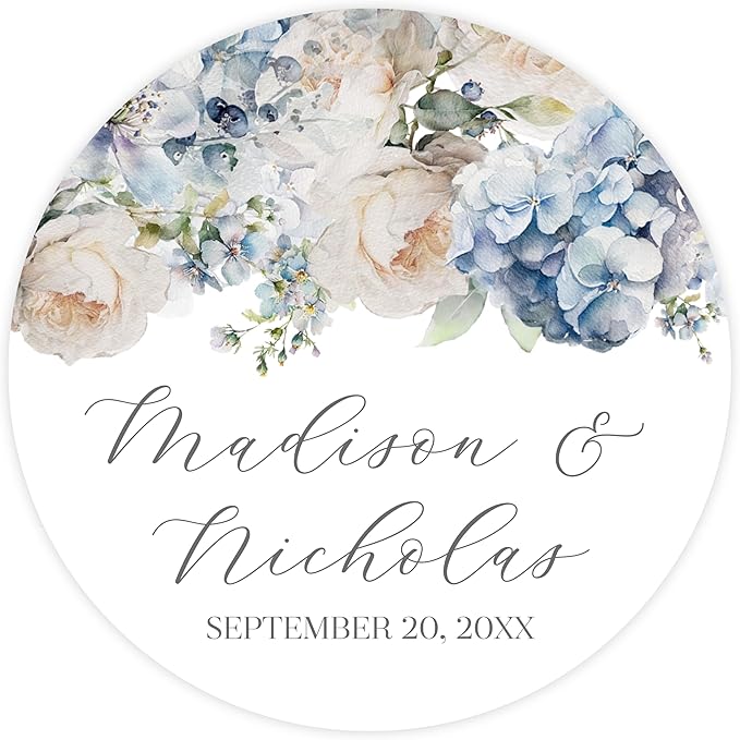 Personalized Floral Wedding Stickers with Your Choice of 30 Flower Styles - Choose Font and One of Five Pre-made Phrases or Add Custom Text (022 - Blue and White Flowers)