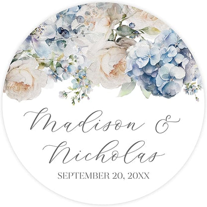 Personalized Floral Wedding Stickers with Your Choice of 30 Flower Styles - Choose Font and One of Five Pre-made Phrases or Add Custom Text (022 - Blue and White Flowers)