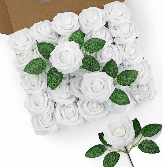 DuHouse 50Pcs Artificial Roses Flowers Fake Roses with Stems Real Touch Foam Flowers for DIY Wedding Bouquet Baby Shower Centerpiece Floral Arrangement Party Home Decor(White)