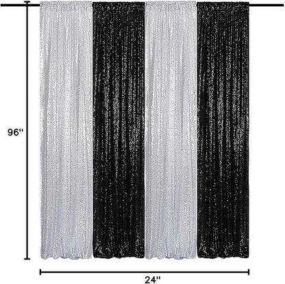 Sequin Backdrop Curtains 2FTx8FT 4 Panels Glitter Drapes Sparkly Photography Background for Wedding Birthday Party Bridal Baby Shower (Silver x 2+Black x 2)