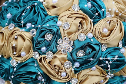 Bridal Wedding Bouquet Round Bling Brooch Bouquet Throw Toss Artificial Rose Flower Bunch for Bride Bridesmaid Wedding Quinceanera(Dark Green & Gold, 9.8")