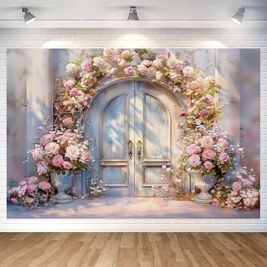 5X3ft Pink Floral Photography Backdrop, Retro Oil Painting Flowers Photography Backdrop Dreamlike Wedding Portrait Photo Background Wedding Birthday Party Background Banner Decor