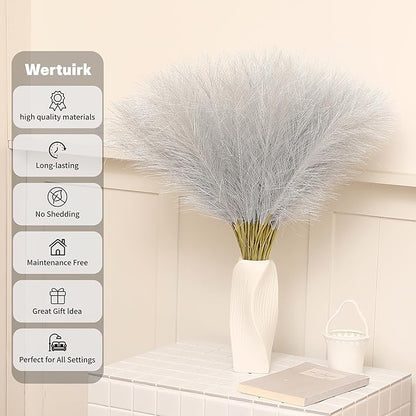 Faux Silver Pampas Grass - 60pcs 24 Inch Short Artificial Pampas Grass Decor, Fake Pompas Floral for Vase Filler, Wedding Flower Arrangement, Party and Home Decor (Silver, 60 Pieces)