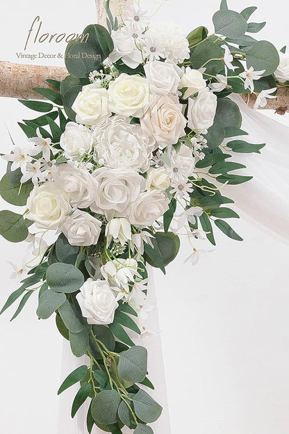 Floroom Arch Flowers with Drapes Kit (Pack of 4) - 2pcs Artificial Ivory & White Floral Swag Arrangement with 2pcs Draping Fabric for Wedding Ceremony Arbor and Reception Backdrop Decoration