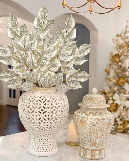 Christmas Tree Picks and Sprays 31.5" Champagne Atrificial Elm Leaves with Stems 3 Pcs Christmas Picks for Tree Champagne Vase Fillers for DIY Xmas Trees Wreath Centerpieces Wedding Bouquet Decor