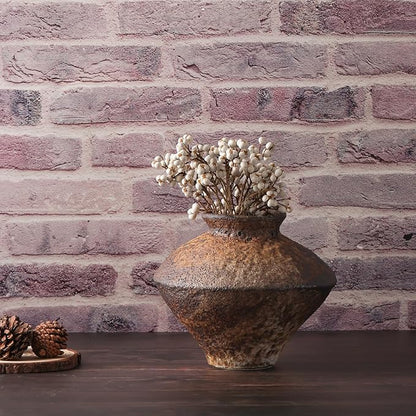 Small Stone Vase for Rustic Home Decor, Farmhouse Antique Pottery Vase Furniture&Table Flower Decorative, Round Terracotta Vases for Living Room Decor, Modern Rustic Concrete Clay Art Vases