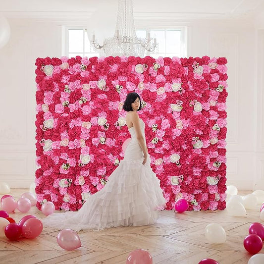 Artificial Flower Wall Backdrop 16pcs 16.5x16.5 Inch Silk Rose Floral Panels Ideal for Wedding Celebrations, Festive Party Backdrops, and Elegant Home Decor-Pink and Rose Red