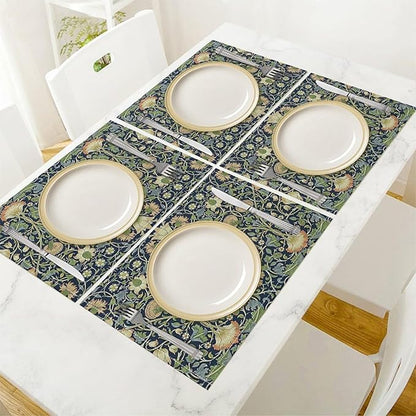 William Morris Flower Placemats Set of 6, Vintage Botanical Plant Place Mats, Heat Resistant Non Slip Cotton Linen Dining Table Mats for Home Kitchen Party 18x12 Inch