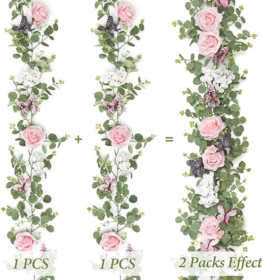2Pcs 5.9 Ft Artificial Rose Vine Fake Flower Garland Pink Rose Hydrangea Vines with 3D Butterflies Hanging Floral Eucalyptus Garland for Wedding Party Background Arch Table Wall Home Decor