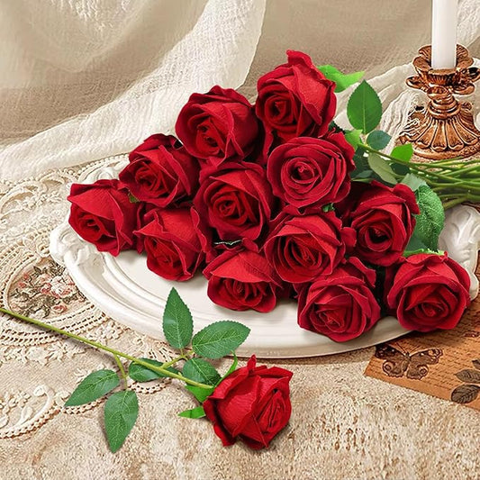 22 Pcs Artificial Roses - Realistic Velvet Flowers with Stems, Bulk Faux Roses for Home Wedding Party Decor (red)