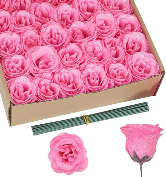 Artificial Roses,30PCS Pink Roses Glitter Roses Bouquet Fake Roses Artificial Flowers for Wedding Bouquet Party Christmas Home Decor(Pink)